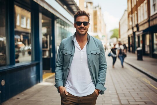 Handsome young man in sunglasses is walking along the street and smiling