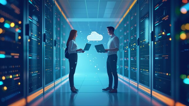 Collaborative it professionals discuss work in data center - male specialist with laptop engages female technician at server rack with cloud icon, technology industry concept