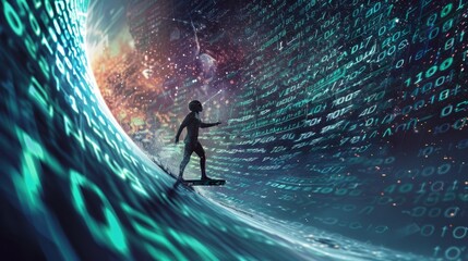 Entrepreneur riding the waves of binary code: futuristic business concept - obrazy, fototapety, plakaty