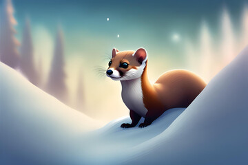 A short-tailed weasel pops its head out from the snow