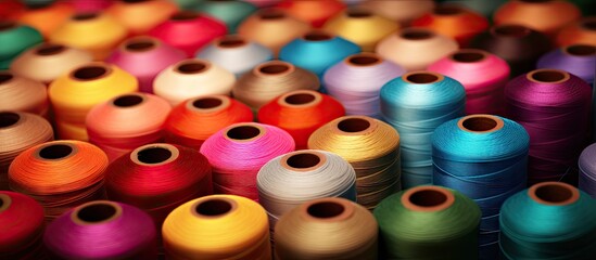 Vibrant and Colorful Array of Thread Spools in a Seamless Background Pattern - obrazy, fototapety, plakaty