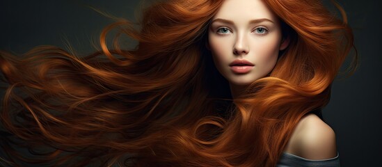 Naklejka premium Vibrant Red-haired Woman in Artistic Portrait with Flowing Hair and Clean Skin