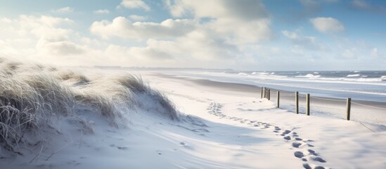Serene Shoreline Transformed Into a Winter Wonderland: Beach Blanketed in Snow