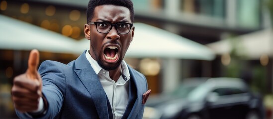 Furious African American Businessman in Glasses Pointing Up in Disagreement - obrazy, fototapety, plakaty