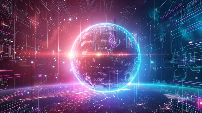 Futuristic neon cyber space background with global world design - metaverse digital world concept, future energy and technology connectivity - seo friendly image title