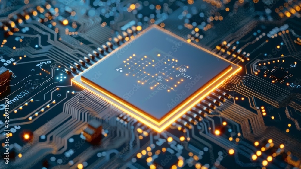 Poster futuristic high-speed light effect: abstract microprocessor chipset illuminated on computer mainboar