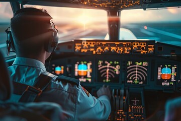 professional pilot sitting in a cockpit controlling the plane