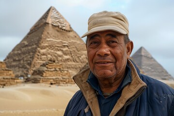 Old Man Standing in Front of Pyramid