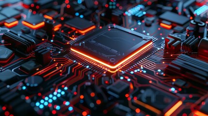 Vibrant abstract light trails: futuristic microprocessor chipset on illuminated circuit board. Cyber tech, ai, electronics, and futuristic technology background with space for text. High-speed illumin - obrazy, fototapety, plakaty