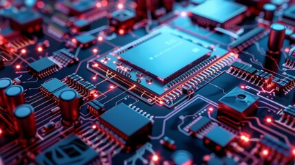 Vibrant abstract light trails: futuristic microprocessor chipset on illuminated circuit board. Cyber tech, ai, electronics, and futuristic technology background with space for text. High-speed illumin
