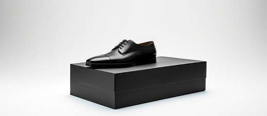 Elegant Black Shoe Resting on Sleek Black Box, Minimalistic Design Concept