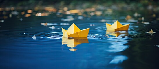 Colorful Paper Boats Drifting on Rippling Water Surface, Creating a Serene Scene of Playful Adventure