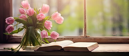 Vintage Charm: Pink Tulips and an Ancient Book on a Sunlit Window Sill