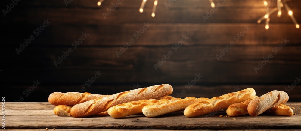 Poster a variety of bread sticks arranged neatly on a rustic wooden table
