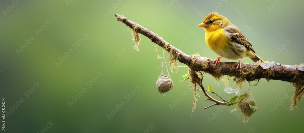 Poster graceful baya weaver resting on mossy tree branch in a serene natural setting