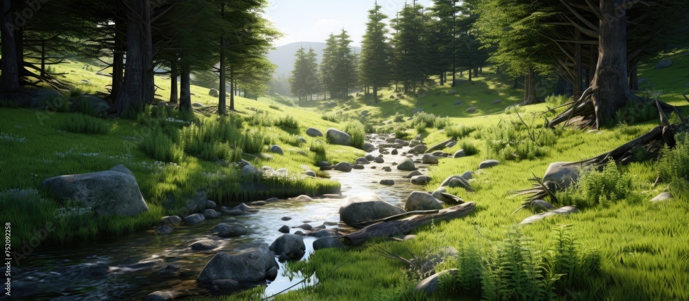 Poster tranquil mountain stream flowing through lush forest trees and sunlit grass
