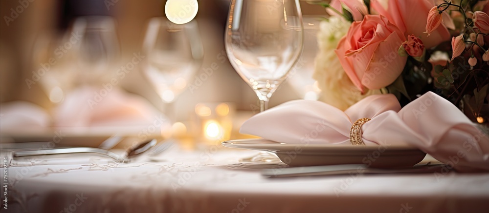 Poster Elegant Table Setting with White Cloth for Wedding Reception or Event
