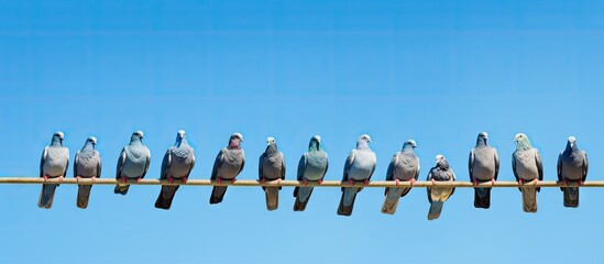 Diverse Flock of Pigeons Perched on Electrical Wires with Clear Blue Sky Background