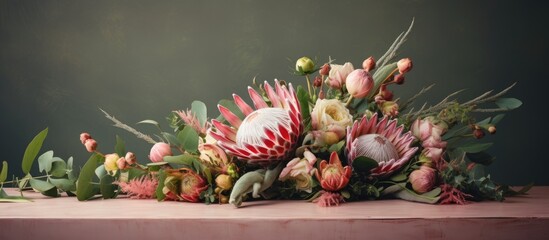 Elegant Bouquet of Protea Ranunculus Flowers and Greenery in a Beautiful Composition