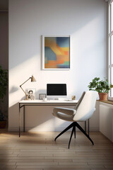 A minimalistic office interior with white walls, a sleek desk, and colorful accent pillows on a comfortable chair.