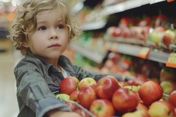 Fototapeta premium boy in the supermarket pushing a full cart