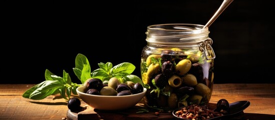 Elegant Glass Jar Filled with Black Olives, Basil, and Fork for Mediterranean Cooking