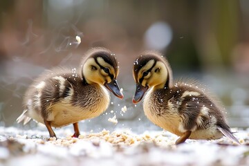 Two Ducklings Playing Together
