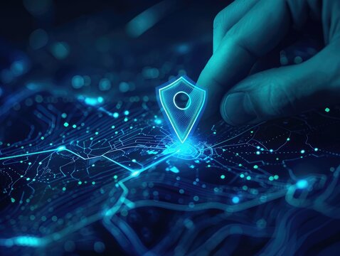 Mapping the future: digital hands set location on map, abstract image of map icon dark blue lines color, shipping and logistics innovation and new office research. AI