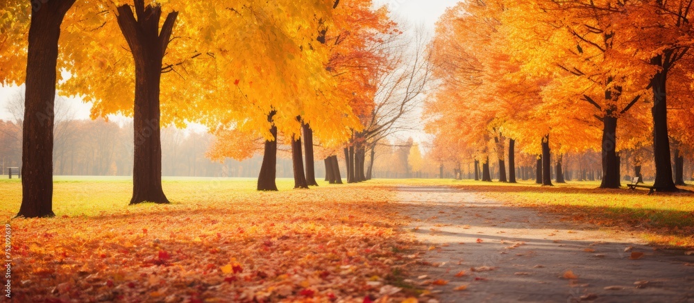 Poster tranquil path winds through a vibrant autumn park with lush foliage and colorful trees