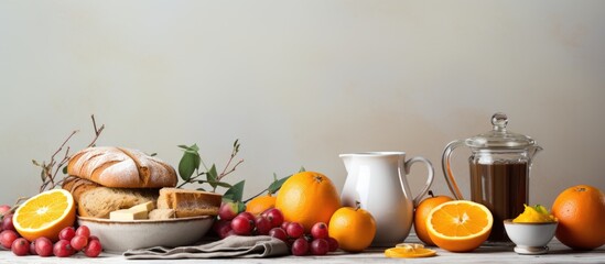 Morning Delights: Fresh Fruit, Warm Bread, and Steaming Coffee Spread on a Table - obrazy, fototapety, plakaty