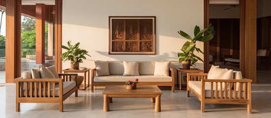 Organic Chic: Handcrafted Teak Wood Furniture in a Lush Villa Living Room Oasis - obrazy, fototapety, plakaty