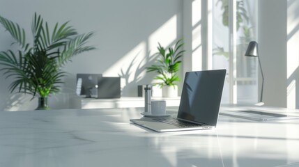 Fototapeta premium Contemporary workspace: minimalist white office with laptop computer mockup