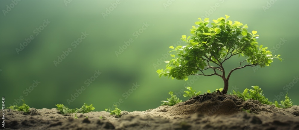 Poster resilient sapling emerging from lush ground in a hopeful display of nature's growth