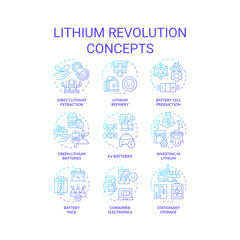 Lithium revolution blue gradient concept icons. Battery manufacturing, usability. Efficiency energy solution. Icon pack. Vector images. Round shape illustrations for brochure, booklet. Abstract idea