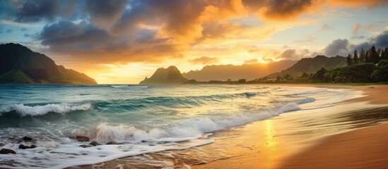 Majestic Sunrise Illuminates Kauai North Shore with Radiant Glow and Crashing Waves - obrazy, fototapety, plakaty