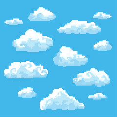 Cloud pixel. Pixel cloudscape, cloud masses at blue sky. Pixelated icons for game setting and scenery. 8 bit.