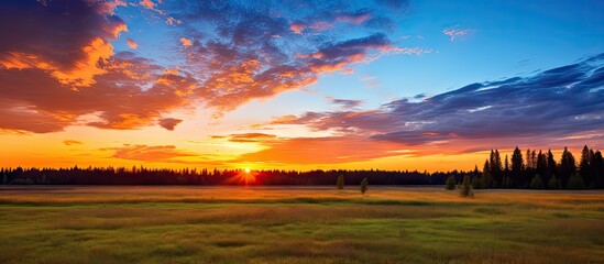A mesmerizing sky display of a radiant sunset over a tranquil grassy field