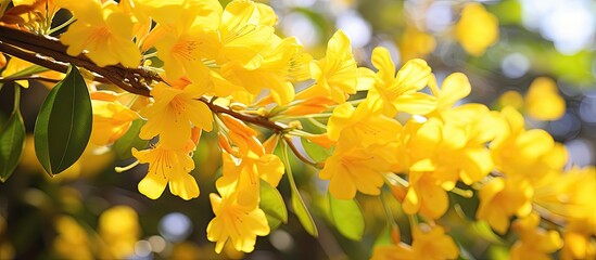 Golden Blooms: Vibrant Yellow Asoka Flowers Blossoming on a Tree Branch in a Lush Garden