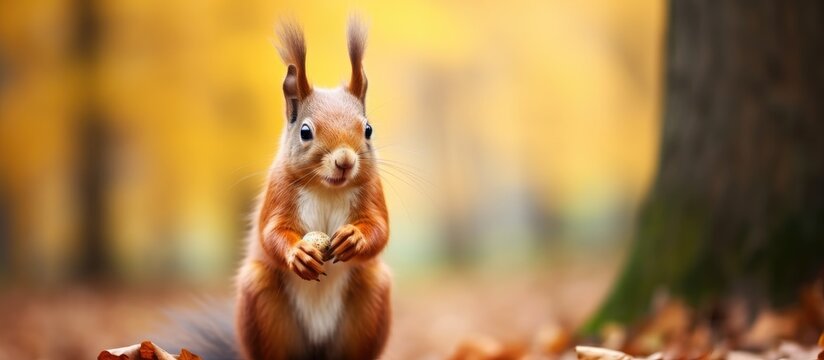 Curious Squirrel Anticipates Treat in the Autumn Leaves of a Park