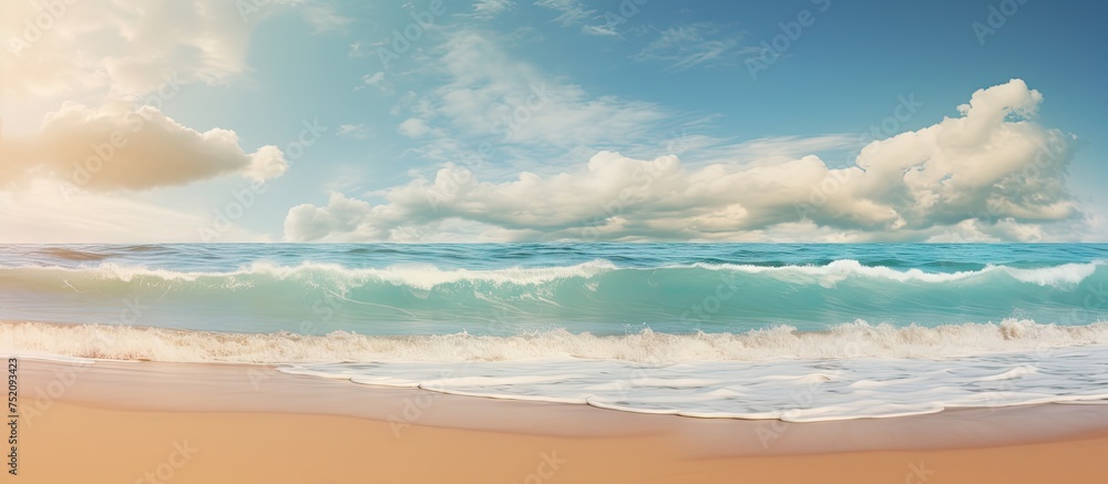 Poster tranquil seaside serenity with rolling waves and delicate clouds over ocean horizon
