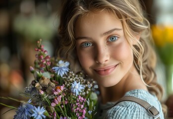 Naklejka premium Serene Girl with a Bouquet of Wildflowers. Generative ai