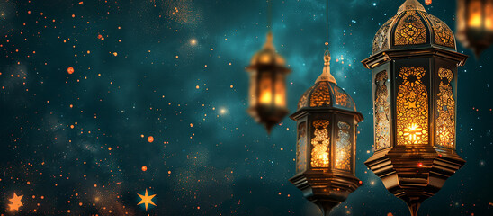 Obraz premium Ramadan Kareem religious background with mosque silhouettes reflected in serene sea,ramadan banner,ramadan holiday islamic