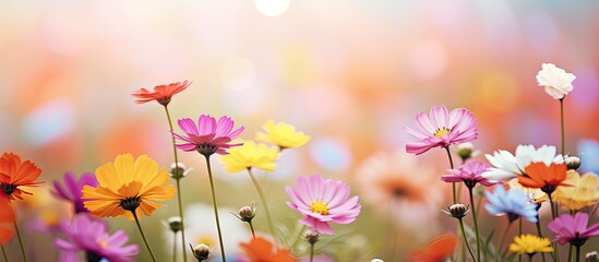 Naklejka premium Vibrant Wildflowers Blanket Meadow Under Bright Blue Sky in Nature's Colorful Display