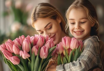 Mother and Child Sharing a Moment with Spring Tulips. Generative ai