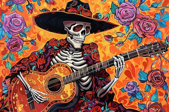 a skeleton playing a guitar