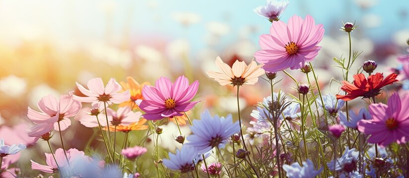 Vibrant Blooms in Sunlit Field: Serene Scene of Colorful Summer Garden Flowers
