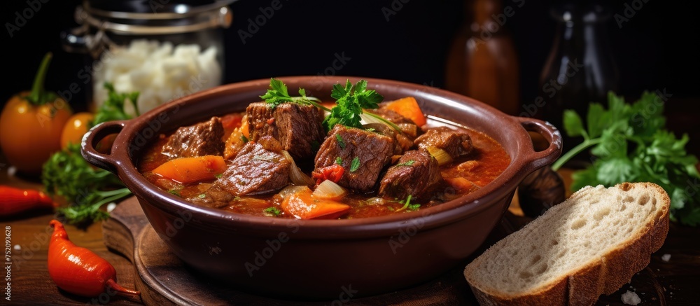 Poster Hearty Beef Stew Delight with Fresh Bread and Vibrant Vegetables on Rustic Table Setting