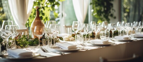 Elegant Table Setting with a Stylish Wine Bottle for a Lavish Wedding Reception Event - obrazy, fototapety, plakaty