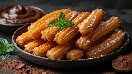 Spanish churros with powdered sugar coating and served with chocolate or caramel sauce