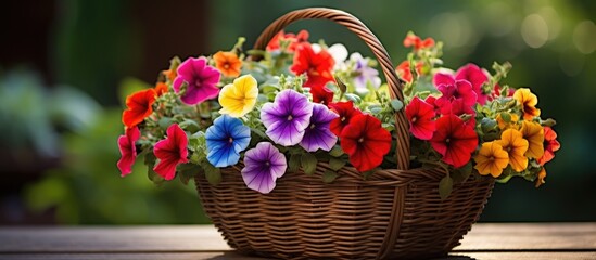 Fototapeta na wymiar Basket Overflowing with Bright and Colorful Petunia Flowers in a Garden Setting